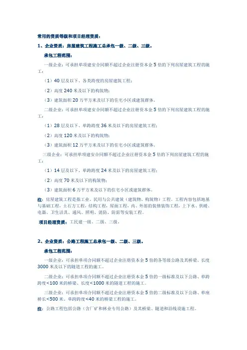 2019年常用的资质等级和项目经理资质.doc
