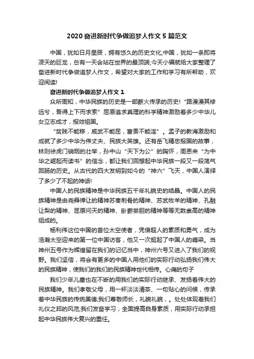 2020奋进新时代争做追梦人作文5篇范文