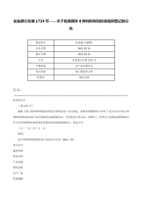 农业部公告第1724号——关于批准国外8种饲料和饲料添加剂登记的公告-农业部公告第1724号