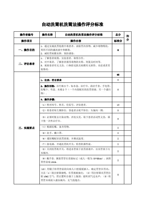 自动洗胃机洗胃法操作评分标准