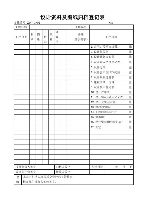 设计资料及图纸归档登记表