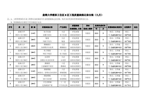 九月项目工程质量缺陷记录台账