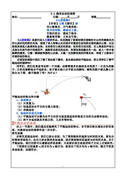 5.4 抛体运动的规律-暑假自学导学案-2024-2025学年高中物理人教版(2019)必修第二册