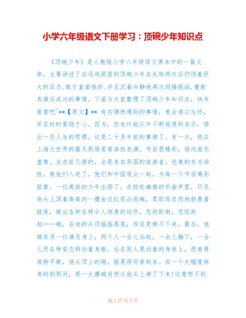 小学六年级语文下册学习：顶碗少年知识点