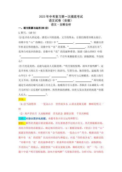 2023年中考复习第一次摸底考试语文试卷(安徽)(解析版)
