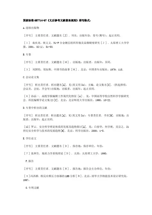 医学论文家标准GB7714-87《文后参考文献著录规则》排写格式