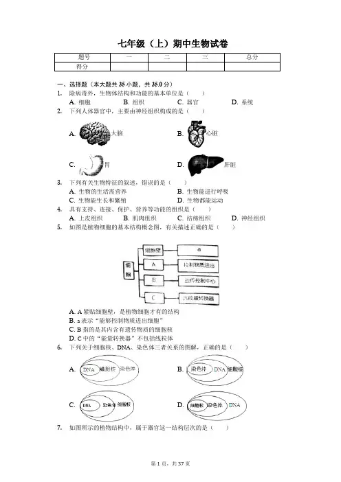 山东省青岛市 七年级(上)期中生物试卷-(含答案)