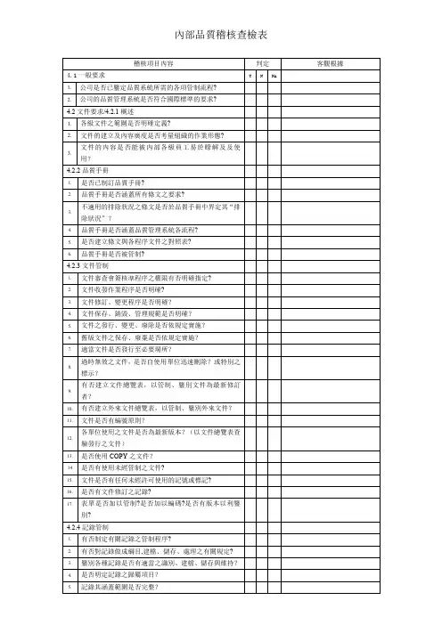 最新内部品质稽核查检表.