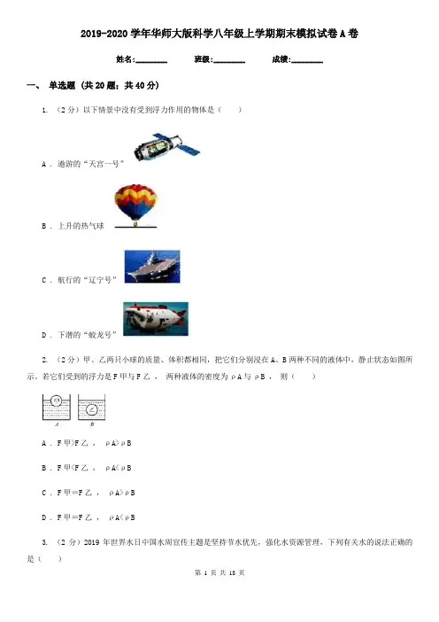 2019-2020学年华师大版科学八年级上学期期末模拟试卷A卷