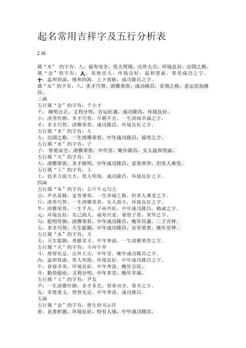 起名常用吉祥字及五行分析表