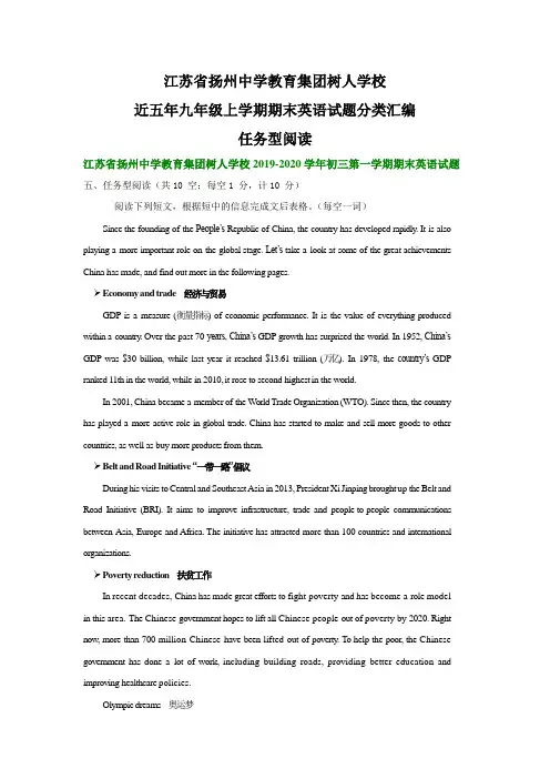 江苏省扬州中学教育集团树人学校近五年九年级上期末英语试题分类汇编任务型阅读
