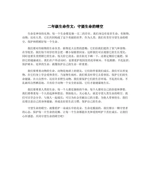 二年级生命作文：守望生命的晴空