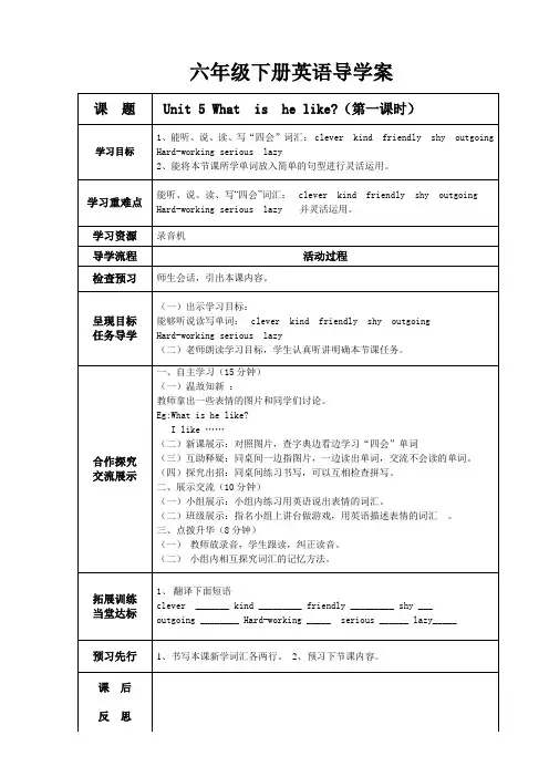 陕旅版 六下英语第五单元教案