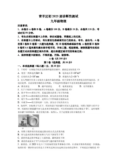 2023年四川省成都市青羊区中考二诊物理考试题(含答案)