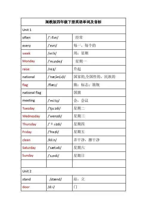 闽教版四年级下册英语单词及其音标汇总