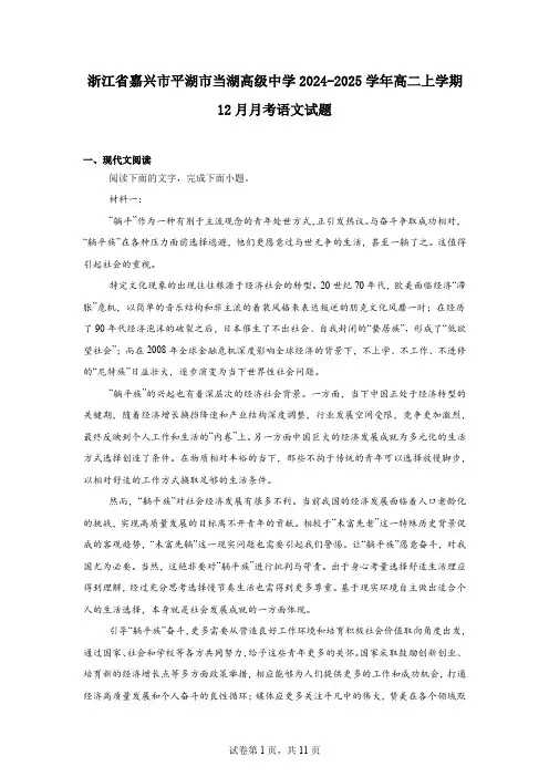 浙江省嘉兴市平湖市当湖高级中学2024-2025学年高二上学期12月月考语文试题