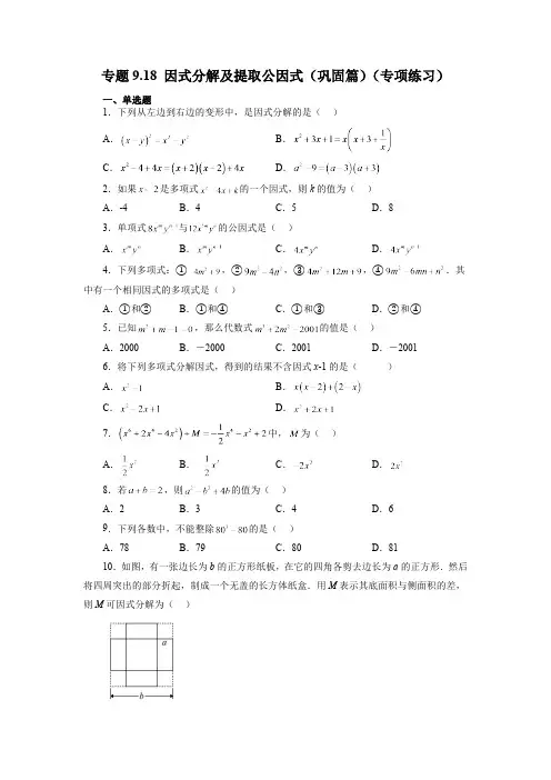 9.5 因式分解及提取公因式 苏科版七年级数学下册精讲精练巩固篇(含答案)