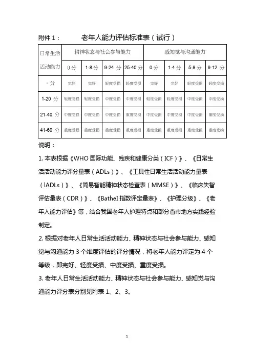 老年人能力评估标准表