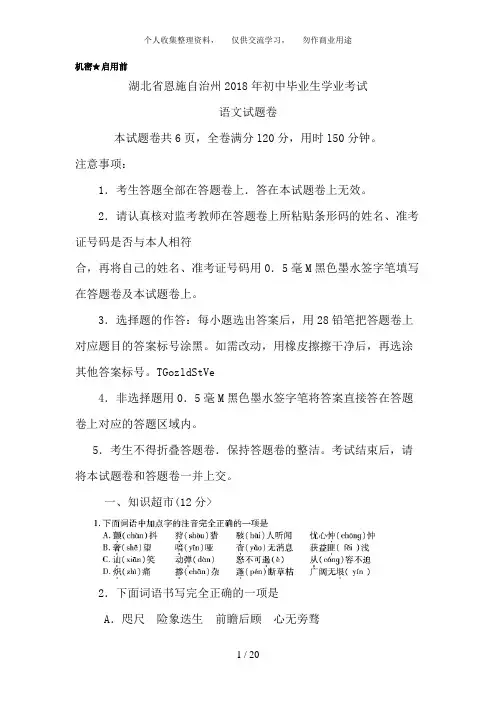 湖北省恩施州2018年中考语文试题