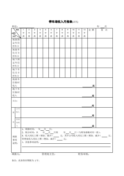 停车场收入月报表