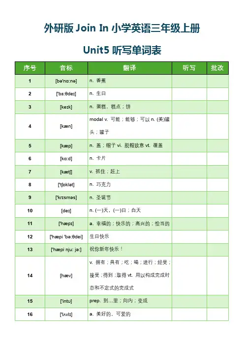 外研版Join In小学英语三年级上册Unit5听写单词表