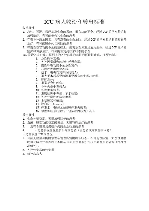 ICU病人收治和转出标准