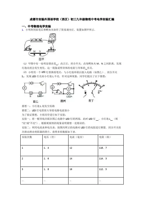 成都市实验外国语学校(西区)初三九年级物理中考电学实验汇编