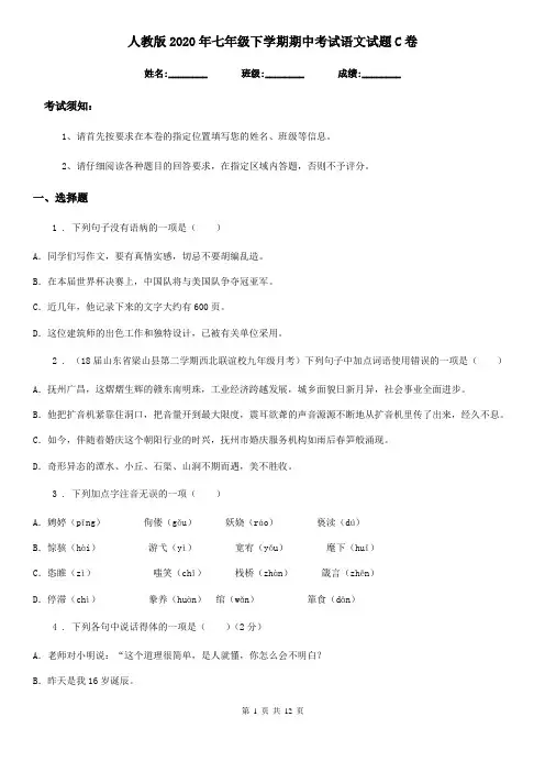 人教版2020年七年级下学期期中考试语文试题C卷新版