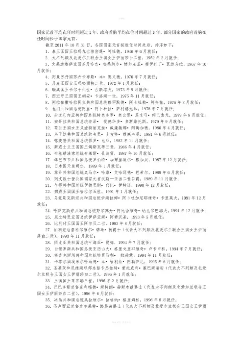 各国现任国家元首、政府首脑在任时间排序