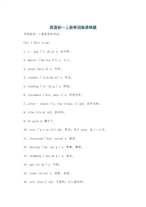 英语初一上册单词表译林版