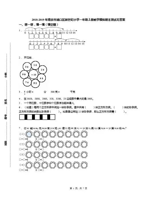 2018-2019年南京市浦口区新世纪小学一年级上册数学模拟期末测试无答案