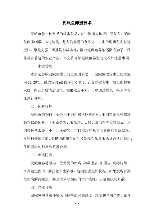 泥鳅鱼养殖技术