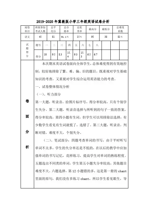 2019-2020年冀教版小学三年级英语试卷分析