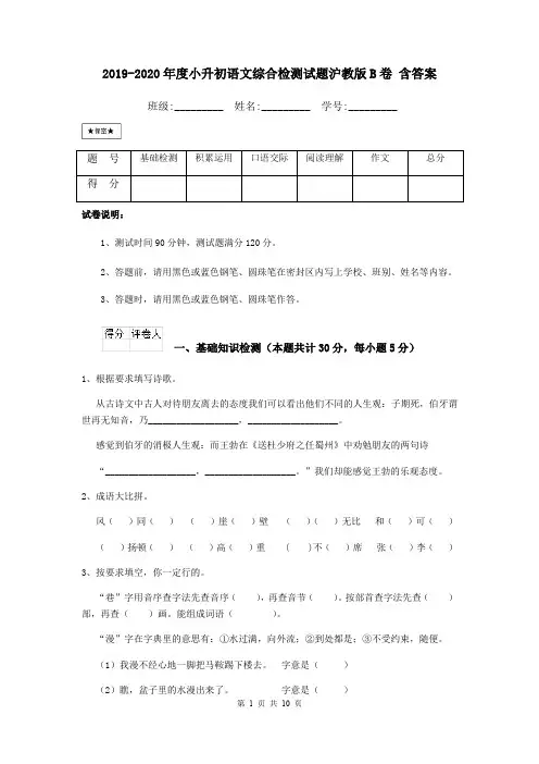 2019-2020年度小升初语文综合检测试题沪教版B卷 含答案