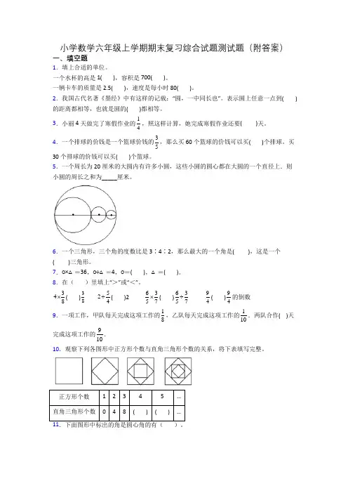 小学数学六年级上学期期末复习综合试题测试题(附答案)