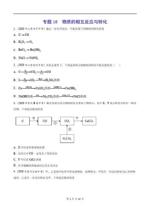 中考真题化学分项汇编-专题16 物质的相互反应与转化