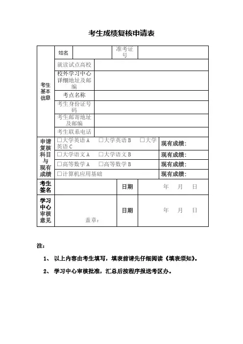 考生成绩复核申请表