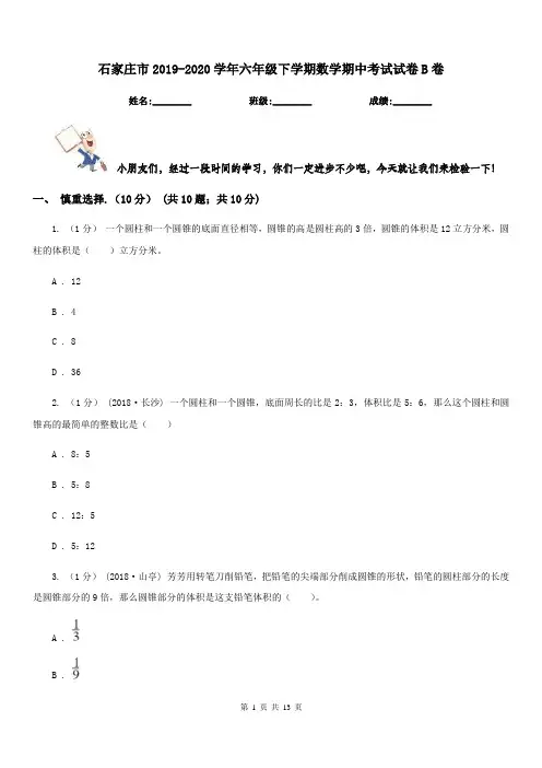 石家庄市2019-2020学年六年级下学期数学期中考试试卷B卷