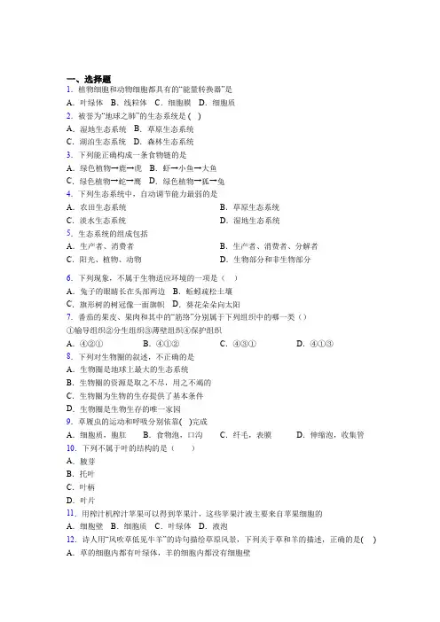 江苏省苏州市2019年七上生物期末模拟调研测试题之三