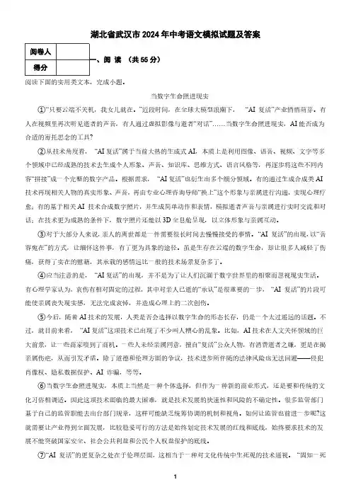 湖北省武汉市2024年中考语文模拟试题及答案6