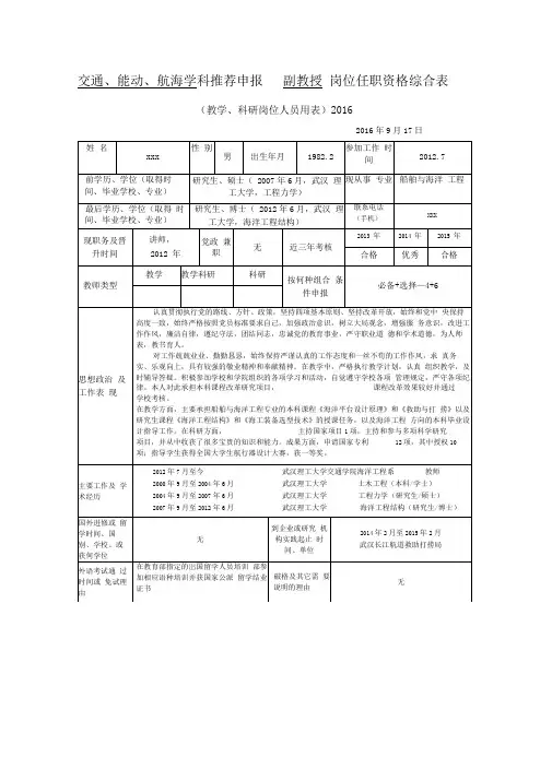 交通、能动、航海学科推荐申报副教授岗位任职资格综合表