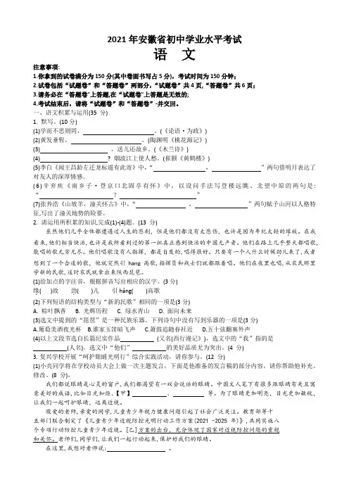 2021年安徽省中考语文真题 