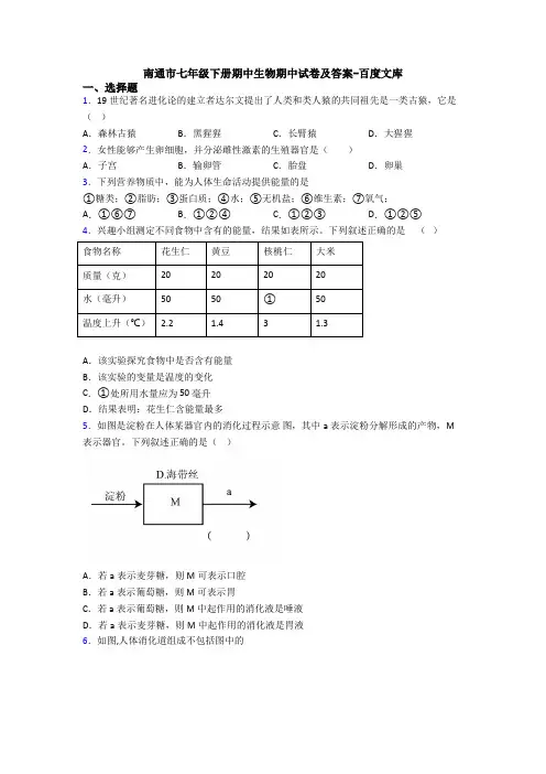 南通市七年级下册期中生物期中试卷及答案-百度文库