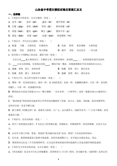山东省中考语文模拟试卷及答案汇总五