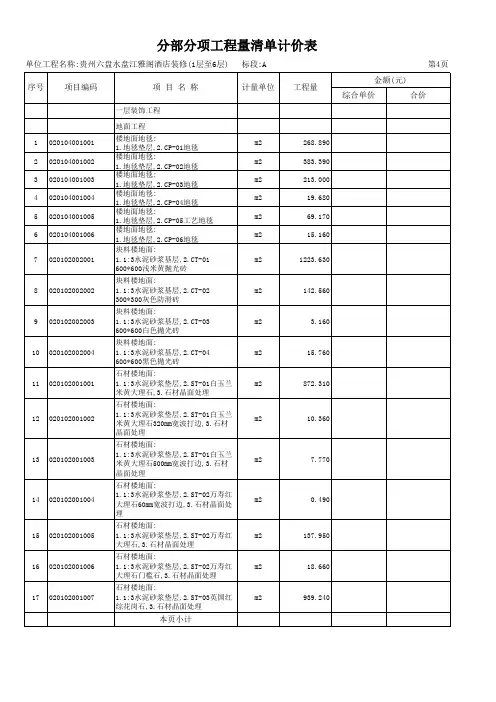 五星酒店装饰定额预算格式表