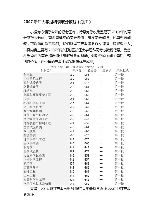 2007浙江大学理科录取分数线（浙江）