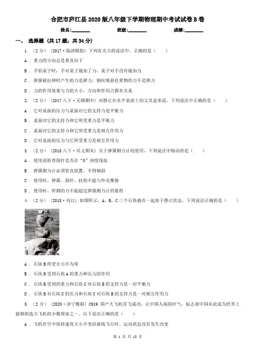 合肥市庐江县2020版八年级下学期物理期中考试试卷B卷