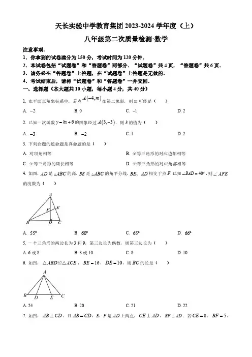 安徽省滁州市天长市2023-2024学年八年级上学期期中联考数学试题(沪科版)