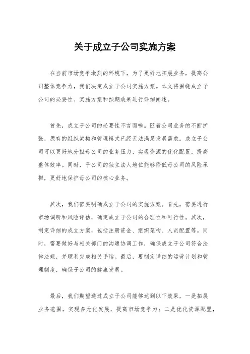关于成立子公司实施方案