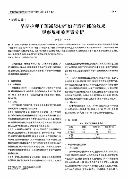 早期护理干预减轻初产妇产后抑郁的效果观察及相关因素分析